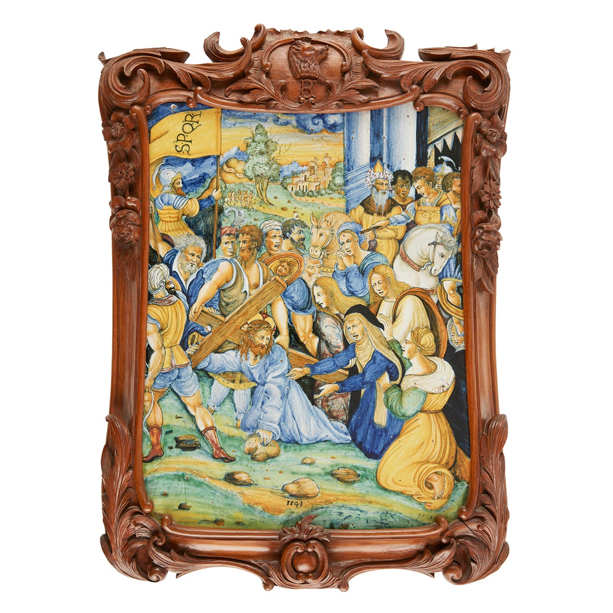 LOT 452 | ◆ RARE FRAMED MAIOLICA RECTANGULAR PLAQUE OF LARGE SCALE, DATED 1541 PAINTED IN URBINO BY A FOLLOWER OF FRANCESCO XANTO AVELLI | £30,000 - £40,000 + fees